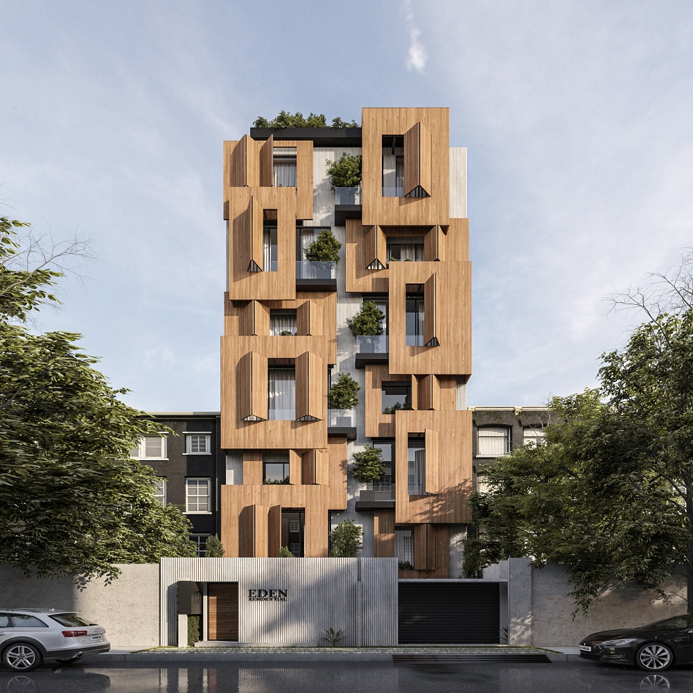 طراحی نمای ساختمان مسکونی با چوب