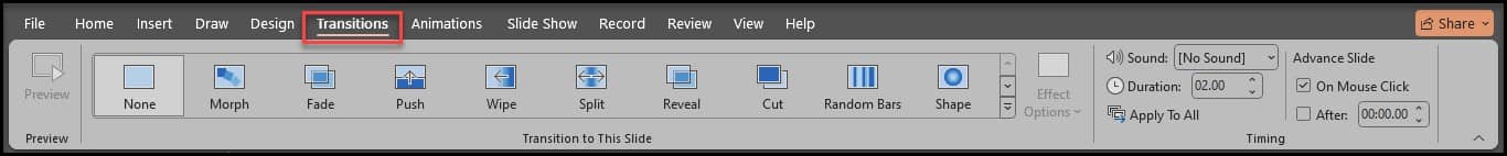  سربرگ Transitions در پاورپوینت