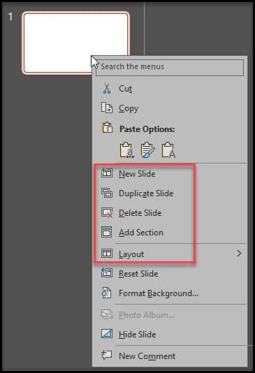 منو مدیریت اسلایدها در پاورپوینت